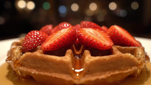 A continental breakfast delicious waffle topped with fresh strawberries and syrup.