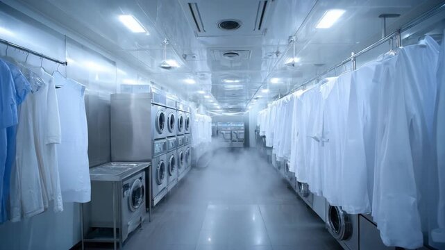 Medium shot of sterilization room with linens undergoing hightemperature steam treatment focusing on the clean and controlled environment.