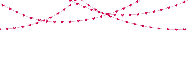 Valentine's Day hearts garland border, pink heart string lights across top on white background, copy space. Valentines love banner template for cards, posters, ads, vector illustration. © Annetuas