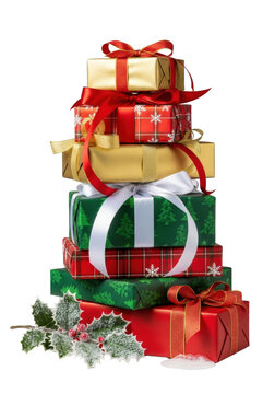 a tall stack of christmas gifts wrapped in luxurious gold, plaid, and green paper with opulent ribbons and frosted holly on a white surface, isolated against a transparent background, concept of