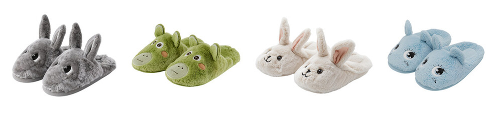 Soft cozy slippers with ears and eyes isolated on transparent background