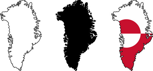 Minimal Greenland map collection featuring outline, solid silhouette, and national flag overlay. Ideal for education, travel, geography, infographics, and political design projects.