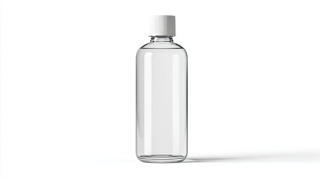 transparent toner bottle, straight front view, white cap attached, perfect symmetry, product catalog style, 
