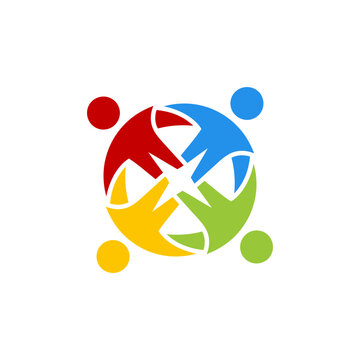 Colorful logo with four hands holding together.