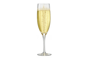 Champagne flute offering sparkling wine, bubbles, and foam for celebration, toast, and party success on a transparent background