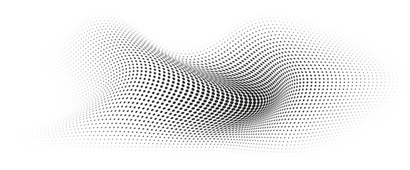 Fototapeta premium Flowing Wave Dot Halftone Pattern: Curve Gradient Shape on Transparent Background. Suitable for AI, Tech, Network, Digital, Science, and Technology Themes.