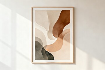 Minimalist abstract wall art displayed in a wooden frame on a bright modern interior wall. Featuring soft organic shapes, neutral earthy color palette, and subtle texture, ideal for interior design 