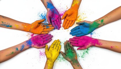 Hands in various colors of powder are arranged in a circle on a white background, highlighting the vibrant hues during a creative or festive event