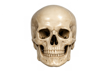 Human skull model presenting skeletal anatomy, biology, and the concept of mortality on a transparent background