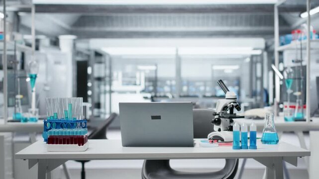 Sterile empty medical laboratory workspace featuring test tube racks on workbench. Clean research facility interior free of contamination with nobody in, ready for scientific work
