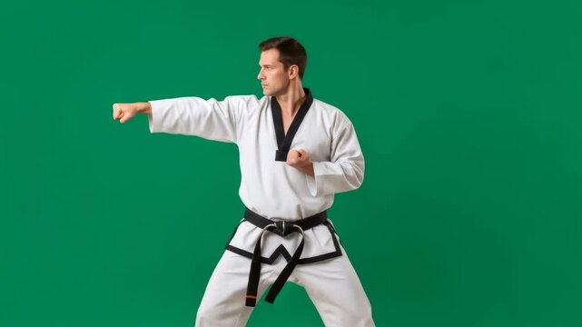 Man in martial arts uniform posing on green chromakey background for video effects and action scenes