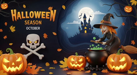 Fototapeta premium Halloween season spooky night with witch and pumpkins