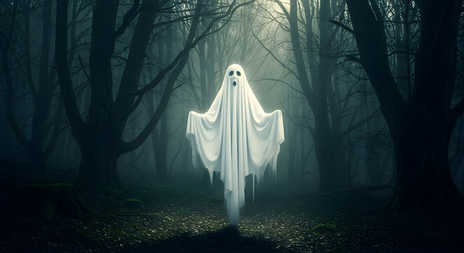 Ethereal ghostly figure in a dark forest