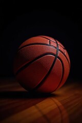 A lone basketball, gleaming, against a pure black backdrop , macro, leather, dribbling