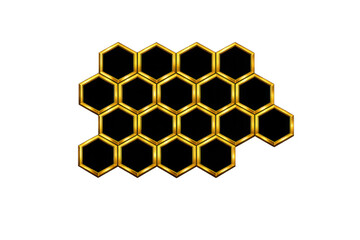 Gold honeycomb frame with black cells representing abstract geometric pattern for modern design and technology concept