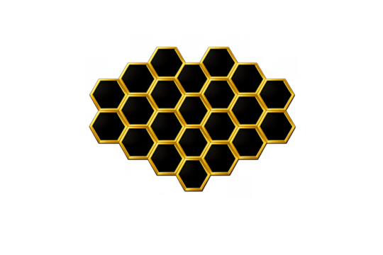 Golden honeycomb pattern with black cells and metallic frame creating abstract geometric background on transparent layer - Powered by Adobe