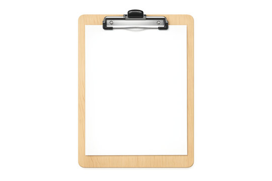 Wooden clipboard holding blank white paper, a reusable mockup template for notes, checklist, and office documents