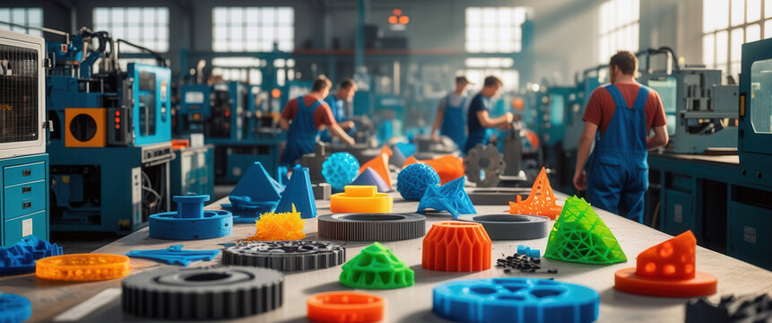 Colorful 3D printed objects displayed on a table in a modern industrial workshop with workers in the background