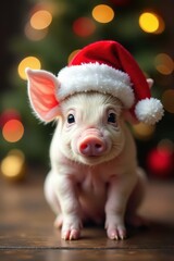 Adorable piglet in Santa hat, festive bokeh background, sweet, sparkles, defocused