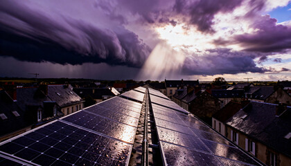 Rooftop solar panels glistening beneath dark storm clouds and sunbeams
