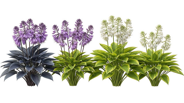hosta plants displaying purple and white flowers with distinct dark and variegated foliage isolated on white for garden and landscape design resources.