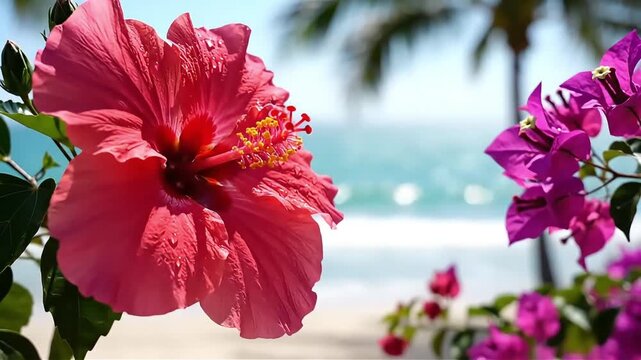Vibrant pink hibiscus flower blooms in tropical paradise with turquoise ocean backdrop conveying a sense of warmth beauty and exotic vacation escape