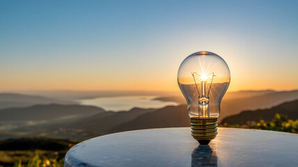 A clear glass lightbulb sits on a reflective table perfectly capturing the radiant golden sun at sunrise or sunset over a panoramic mountain and lake 