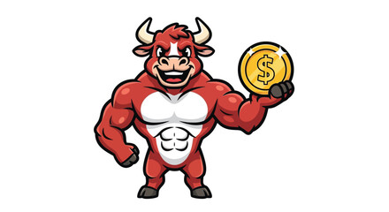 Muscular cartoon bull with red skin and white horns holds a gold coin with a dollar sign on a plain white background.