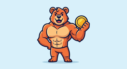 A muscular cartoon bear holding a coin in a light blue background with a cheerful expression.
