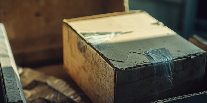 An old, brown cardboard box with visible wear and tear is seen in a cluttered industrial setting.