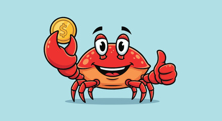 A cheerful cartoon crab holding a coin and giving a thumbs-up on a light blue background with a playful mood.