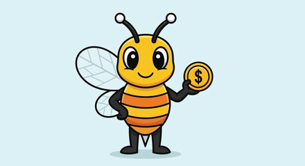 Cartoon bee character holding a coin with a dollar sign on a light blue background with a cheerful expression.