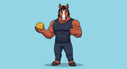 A muscular cartoon horse character wearing a navy blue tank top and holding a yellow ball against a light blue background with a playful mood.