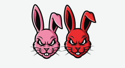 Illustration of two cartoon rabbit heads, one pink and one red with angry expressions, against a white background.