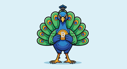 Cartoon peacock holding a coin on a light blue background with colorful feathers spread out.
