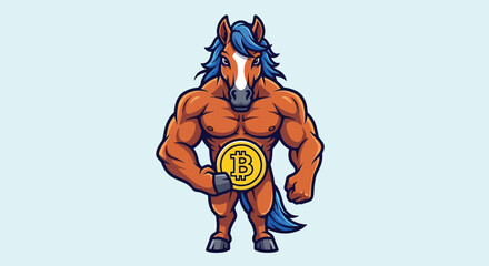 Muscular cartoon horse holding a gold Bitcoin coin in its hand against a light blue background with a mix of digital illustration and bold colors.