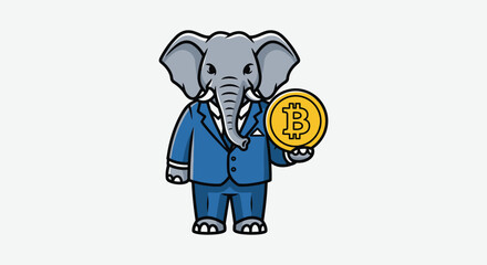 A cartoon elephant wearing a blue business suit holds a large gold Bitcoin coin on a plain white background.