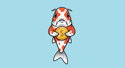 Cartoon koi fish holding a gold coin against a light blue background with a simple composition.