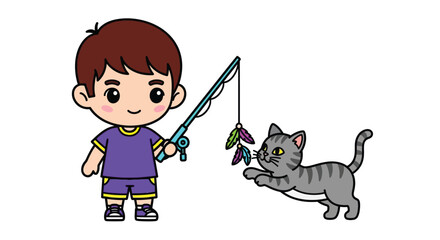 Cartoon boy playing with a fishing rod toy and a curious gray cat on a white background with colorful feathers.