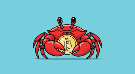 A red cartoon crab holding a gold Bitcoin symbol on a light blue background with a simple graphic design.