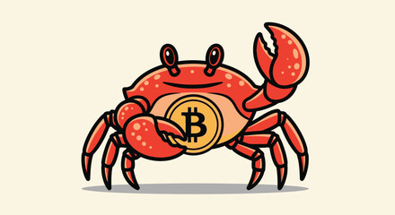 A cartoon crab holding a bitcoin coin on a plain background with a playful and financial theme.