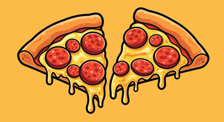 Illustration of two slices of pepperoni pizza with melted cheese on an orange background.