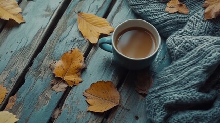 A cup of coffee on a wooden table with autumn leaves and knitwear, evoking warmth and comfort during the fall season.