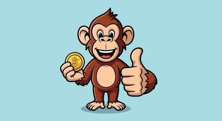 A cheerful cartoon monkey holding a coin and giving a thumbs up on a light blue background with a playful mood.