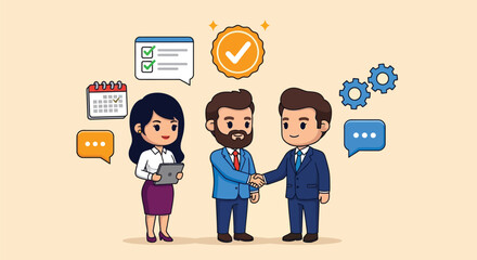 Cartoon illustration of a businessman shaking hands with another man while a woman stands beside them with various communication icons floating around on a beige background.