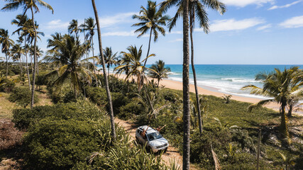Panoramic aerial view of beaches and lagoon, with a car passing along the Bromeliad Trail, southern coast of Bahia, Maraú Peninsula, Barra Grande, beach with coconut trees, white sand © Thiago