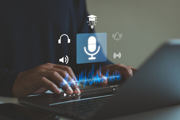 Man hand using laptop with digital microphone, audio waveform interface for podcast recording, live streaming, online education, virtual teaching, voice communication, ai content creation technology.
