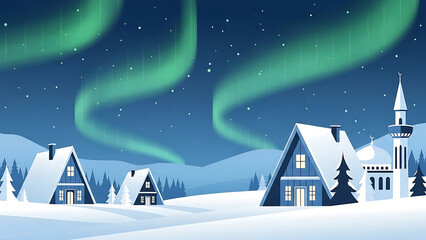 Naklejka premium northern lights winter village scene with snow-covered a-frame houses and mosque under a starry arctic sky background