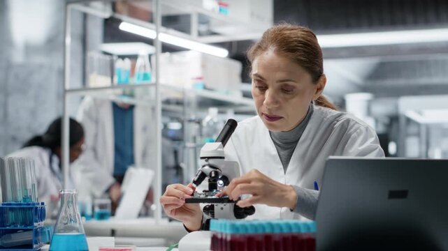 Clinical technologist reviewing patient biopsy slide to detect abnormal cellular growth. Woman using high tech microscope in hospital lab for diagnostic confirmation, camera B