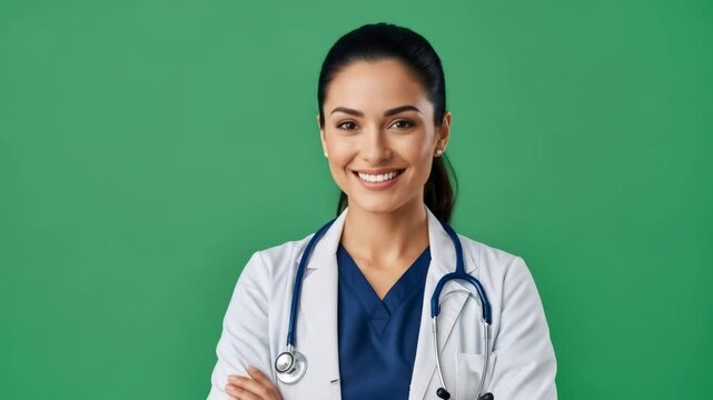 Young caucasian woman physician smiling at camera on green background chromakey for healthcare and medical concepts